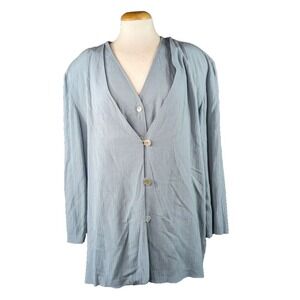 Jaclyn Smith Blouse Set Womens Size L Long Sleeve Blue Button Up Classic V-Neck